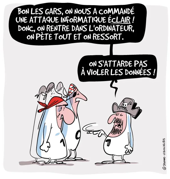Deux pirates informatiques discutent. L'un annonce une attaque éclair : entrer dans l'ordinateur, tout casser et ressortir. L'autre répond qu'on ne s'attarde pas à violer les données.