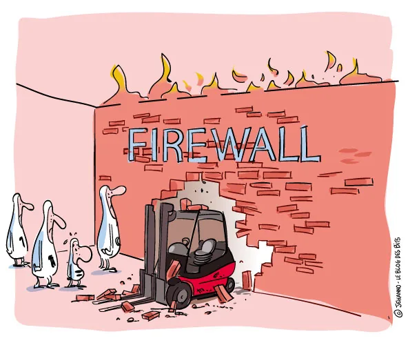 Un chariot élévateur a défoncé un mur de brique portant le mot Firewall, sous le regard consterné de plusieurs personnages.