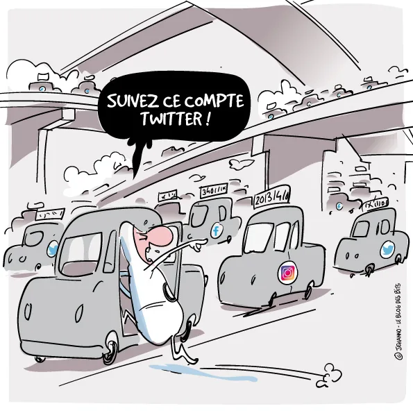 Un embouteillage urbain où chaque véhicule porte le logo d'un réseau social, Twitter, Facebook ou Instagram, et une plaque d'immatriculation faite de nombres d'abonnés. Un personnage sort de sa voiture en criant : suivez ce compte Twitter !
