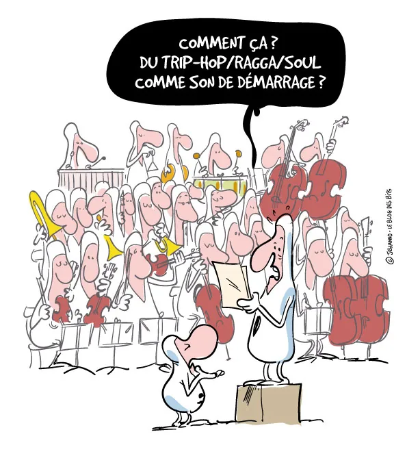 Un orchestre symphonique au complet, cuivres, cordes et percussions, attend devant son chef. Celui-ci, partition à la main, s'exclame : comment ça ? Du trip-hop, ragga, soul comme son de démarrage ?
