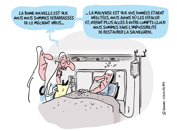 Un médecin annonce à un patient alité la bonne nouvelle : le virus est éliminé. La mauvaise est que les données infectées ont dû être effacées et que, faute d'accès au compte en ligne, la sauvegarde ne peut pas être restaurée.