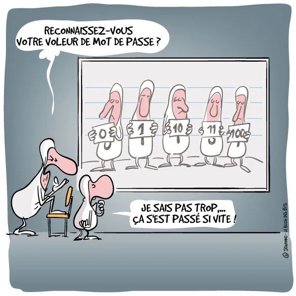 Une parade d'identification de police. Les suspects alignés portent des pancartes numérotées 0, 1, 10, 11 et 100. Le témoin répond qu'il ne sait pas trop, que cela s'est passé si vite.