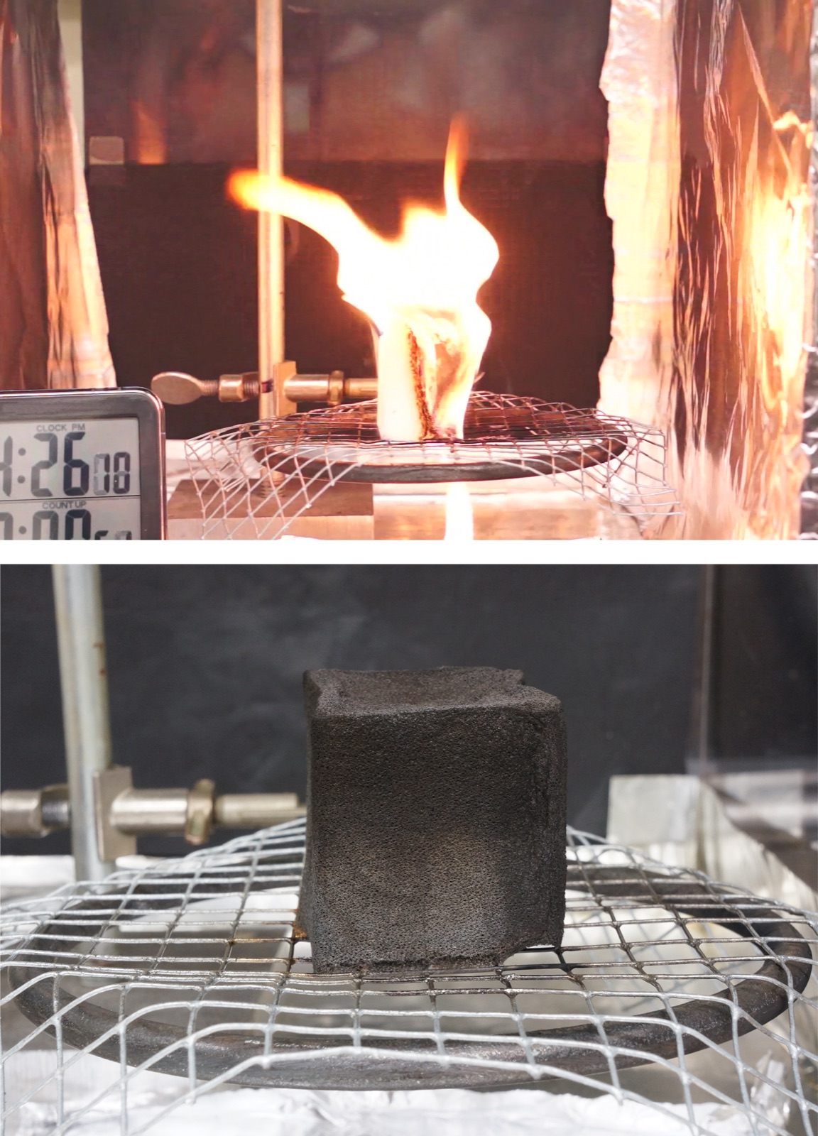 Deux vues superposées d'un essai en laboratoire : en haut un bloc de mousse brûle sur une grille métallique devant un chronomètre, en bas le même bloc carbonisé une fois la flamme éteinte.