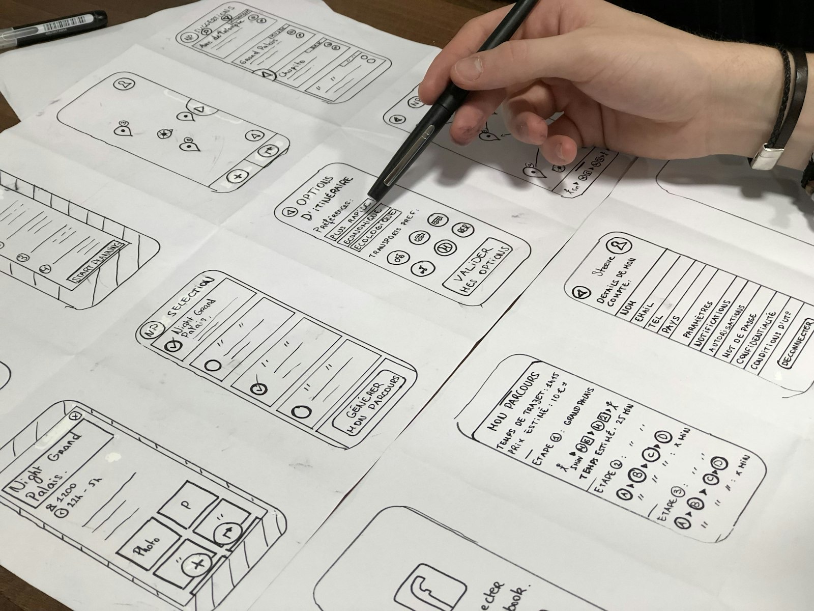 Des wireframes d'application dessinés à la main au feutre noir sur des feuilles blanches, montrant des écrans d'itinéraire, de sélection et de compte. Une main tient un stylo au-dessus.