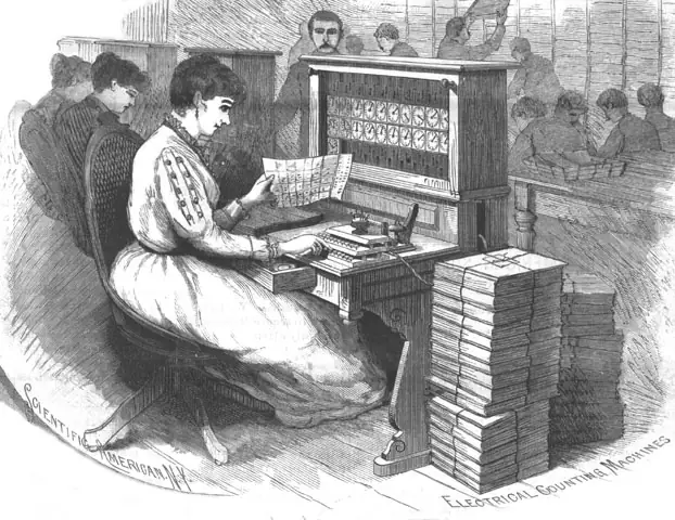Gravure de 1890 : une opératrice, assise devant une tabulatrice Hollerith, glisse une carte perforée dans la presse de lecture posée sur la table. Au-dessus d&rsquo;elle, un tableau de quarante cadrans à aiguille compte les résultats au fur et à mesure. À droite, des piles de cartes perforées attendent d&rsquo;être traitées, et l&rsquo;arrière-plan montre la salle du recensement où d&rsquo;autres personnes travaillent sur des machines identiques.