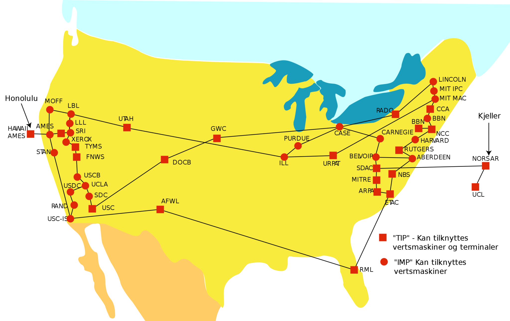 Carte des Etas Unis présentant les différents campus reliés à Arpanet en 1974