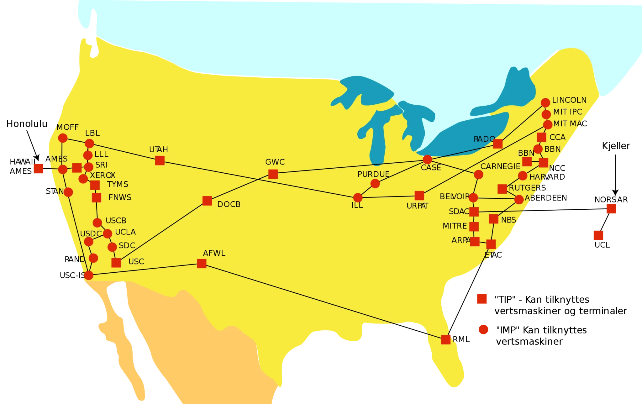 Carte des Etats-Unis présentant les différents campus reliés à Arpanet en 1974
