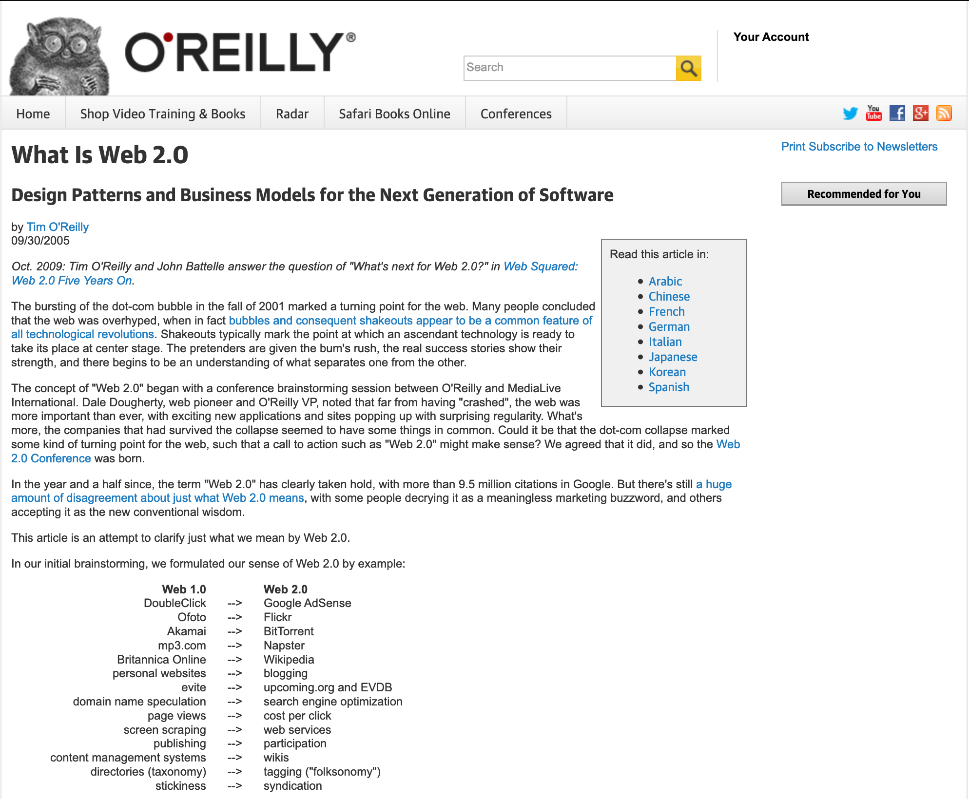 Copie d'écran de l'article fondateur du Web 2.0 écrit par Tim O'reilly