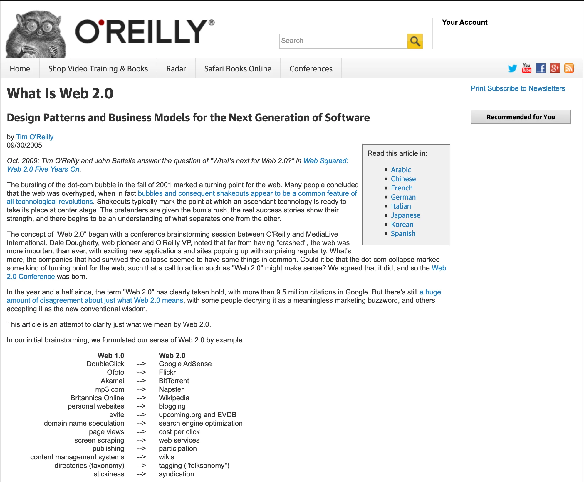 Capture d&rsquo;écran de l&rsquo;article fondateur du Web 2.0 écrit par Tim O&rsquo;Reilly