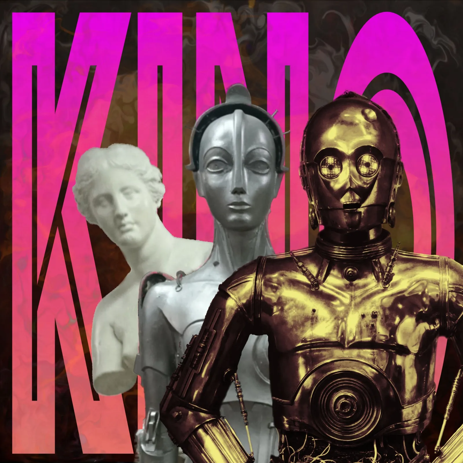 Composition visuelle mêlant un buste de statue antique, le robot Maria du film Metropolis (1927) et le droïde C-3PO de Star Wars, illustrant plusieurs siècles de représentations de l&rsquo;être artificiel